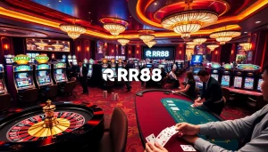 Experience RR88 at a vibrant casino with roulette, poker, and slot machines.