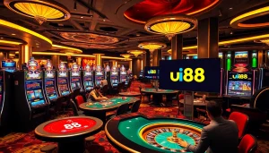 Excited gamblers playing various games at uu88 casino with vibrant slot machines and poker tables.
