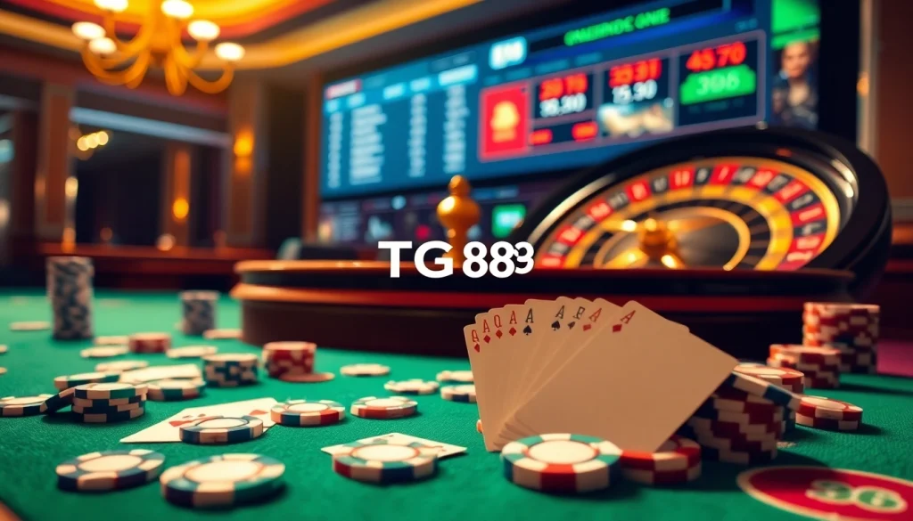 Engage in the thrilling world of tg88 with vibrant casino visuals showcasing chips, cards, and bets.