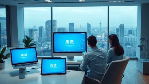 在现代工作环境中，展示美洽在多设备上运行的动态客服界面。