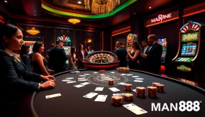 Engaging casino scene showcasing Man88 with poker chips and vibrant slots for gamblers.