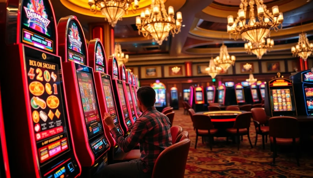 Pemain yang terlibat menikmati Slot Depo 5k di kasino yang hidup, lampu berkilau dan mesin klasik.