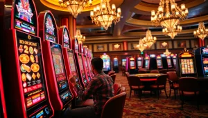 Pemain yang terlibat menikmati Slot Depo 5k di kasino yang hidup, lampu berkilau dan mesin klasik.