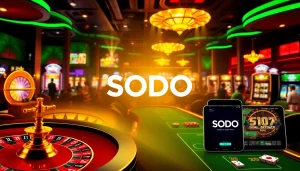 SODO casino players enjoying dynamic slot machines and poker tables in a vibrant gaming atmosphere