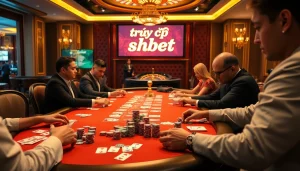 Engaging scene of high-stakes poker at SHBET, highlighting professional players and thrilling bets.