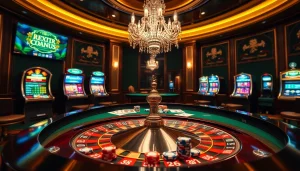 High-stakes gaming scene illustrating casinos en ligne fiable with roulette and slot machines.
