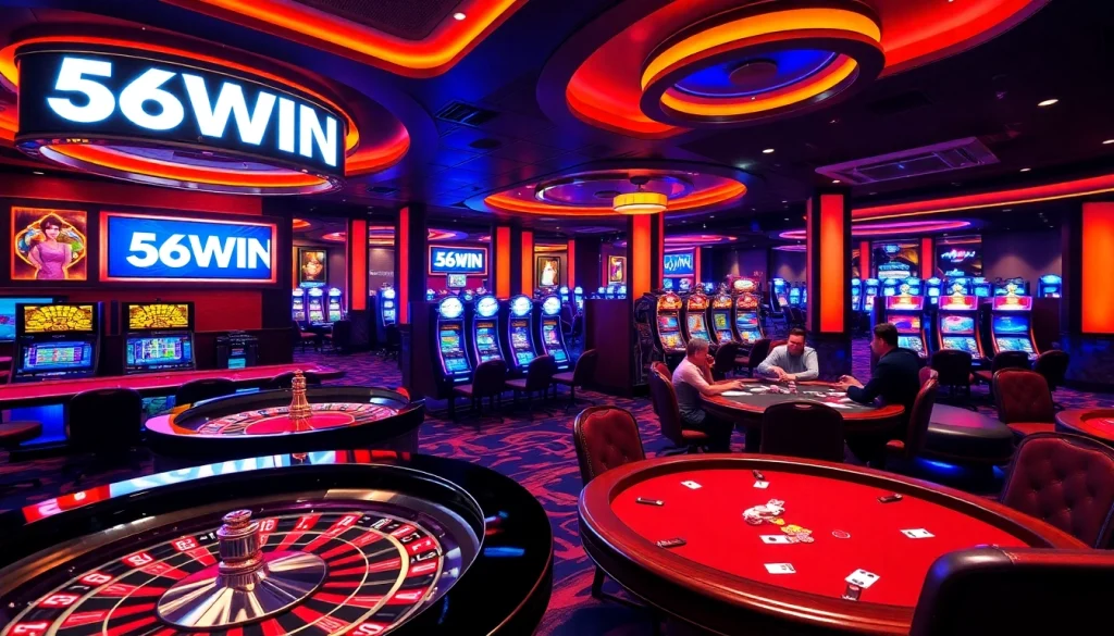 Playing poker at 56WIN casino with chips and cards on the table.