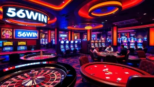 Playing poker at 56WIN casino with chips and cards on the table.