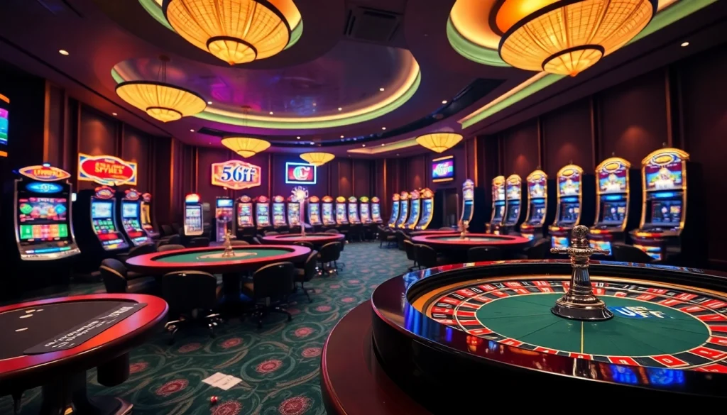 The exciting gaming atmosphere at 6FF casino with illuminated tables, vibrant slot machines, and sparkling poker chips.