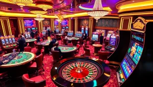 High-energy casino atmosphere showcasing ee88 ee 88 with players at tables and slot machines.