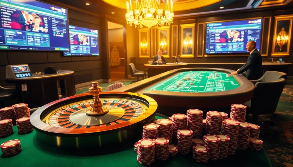 Experience thrilling gameplay in Game Haywin with vibrant poker chips and a spinning roulette wheel.