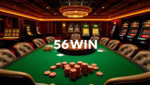 Experience the thrill of gambling at the 56WIN casino table with vibrant chips and cards.