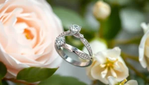 ダイヤモンドのディテールを特徴とするエレガントな結婚指輪。柔らかな花の背景。