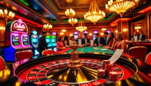 Exciting gambling atmosphere at https://f8bet.ventures/ featuring roulette, slot machines, and engaged players.