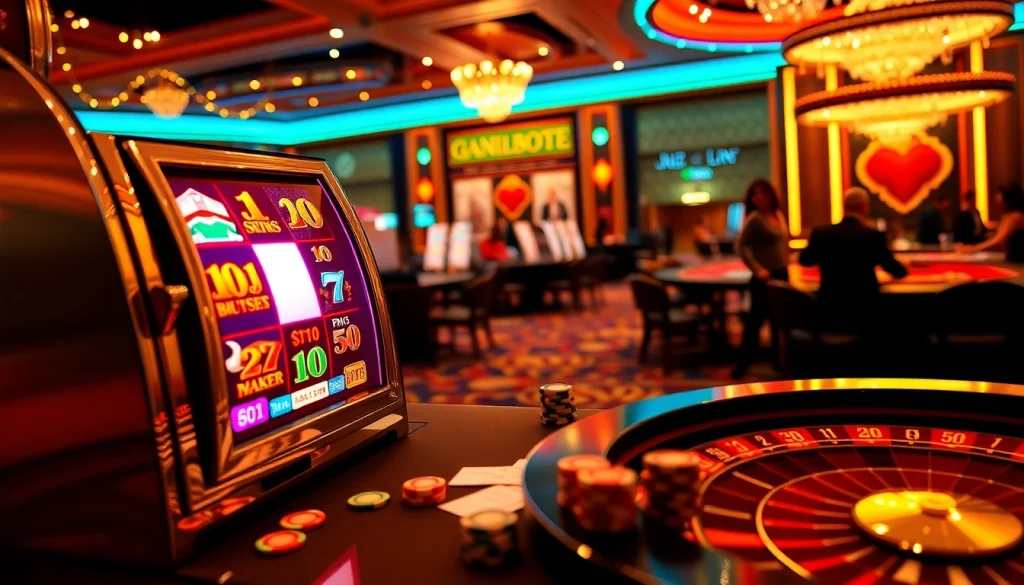 Engaging scene showing idnslot slot machine with vibrant reels in a lively casino environment
