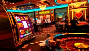 Engaging scene showing idnslot slot machine with vibrant reels in a lively casino environment