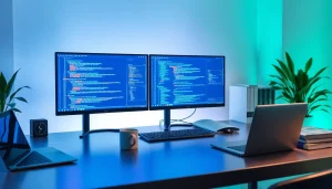 Modern workspace for software engineering featuring dual monitors, coding diagrams, and sleek design.