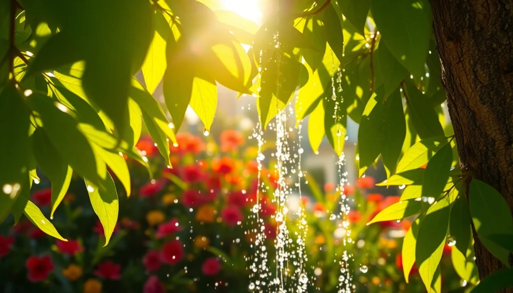 Enhance your experience with a sunny shower featuring vibrant greenery and glistening droplets.