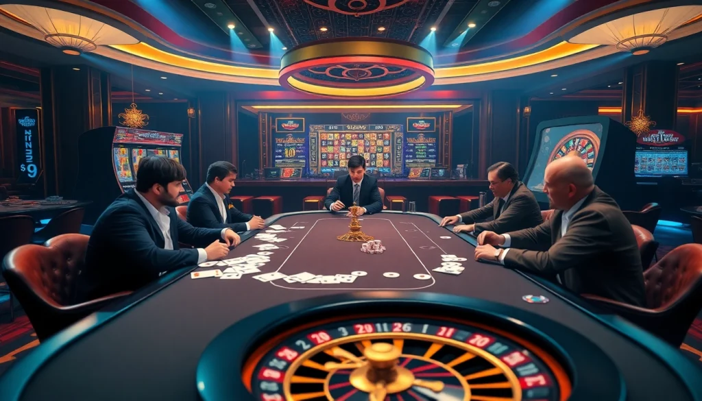 Phtaya players enjoying an exciting poker game with colorful chips and vibrant slot machines in a luxurious casino.