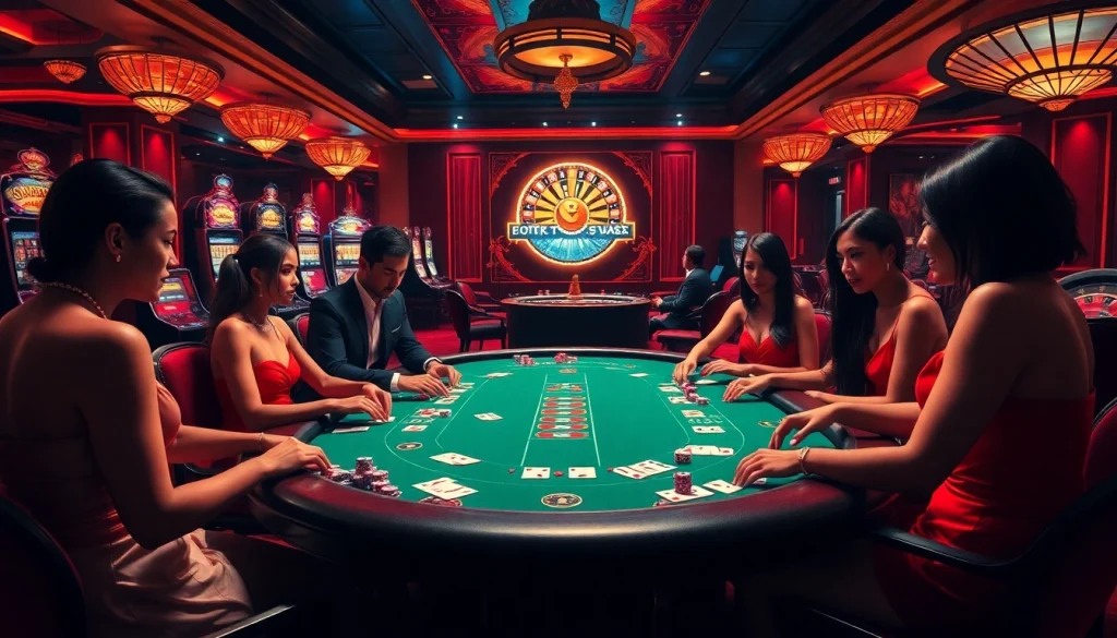 Glamorous poker game at 79King casino, showcasing excitement with chips and cards on the table.