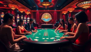 Glamorous poker game at 79King casino, showcasing excitement with chips and cards on the table.