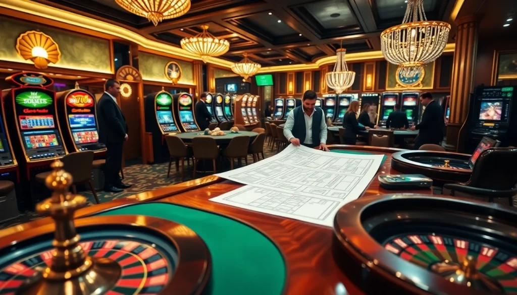 Exciting house extension construction scene at a luxurious casino floor with poker chips and plans.