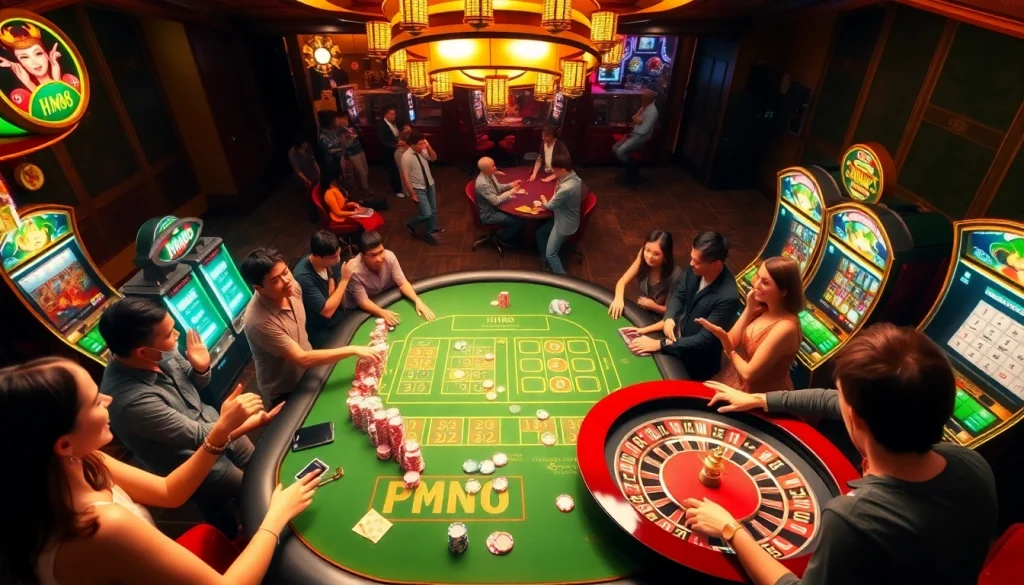 Players enjoy the vibrant HM88 casino table amidst dynamic gaming elements.