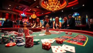 Thrilling scene in a casino showcasing thabet-themed roulette and poker games featuring eager players.