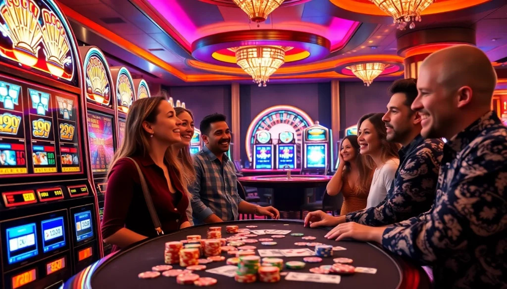 Rasakan slot yang mendebarkan di Utama4D dengan mesin kasino yang berwarna-warni dan pemain yang ceria.