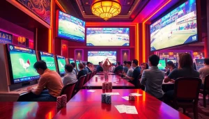 Witness the excitement of Đá gà NK88 as bettors engage with vibrant live matches in a luxurious casino setting.