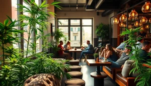 Experience the vibrant atmosphere at the Weed Club Madrid, featuring cozy seating and lush cannabis plants.