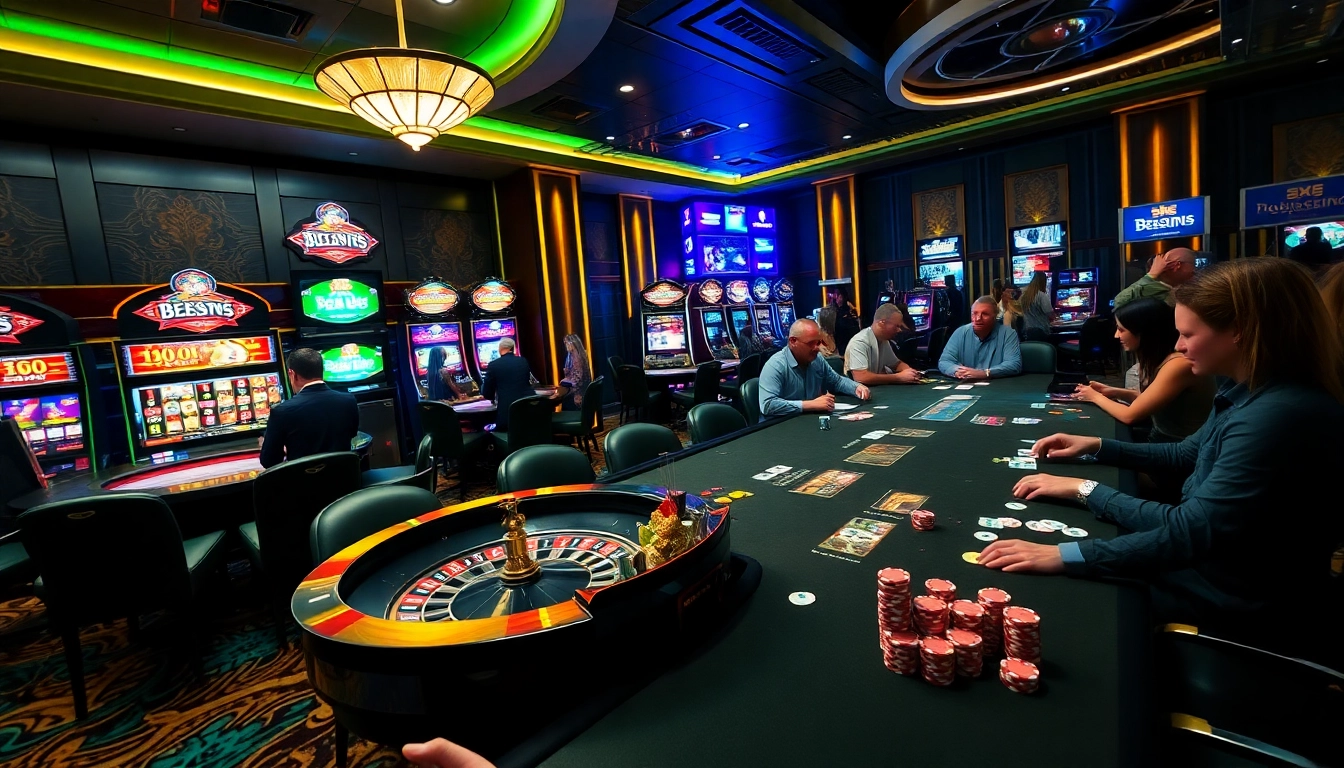 Bet88 players enjoy a thrilling casino experience with roulette, poker, and vibrant slot machines.