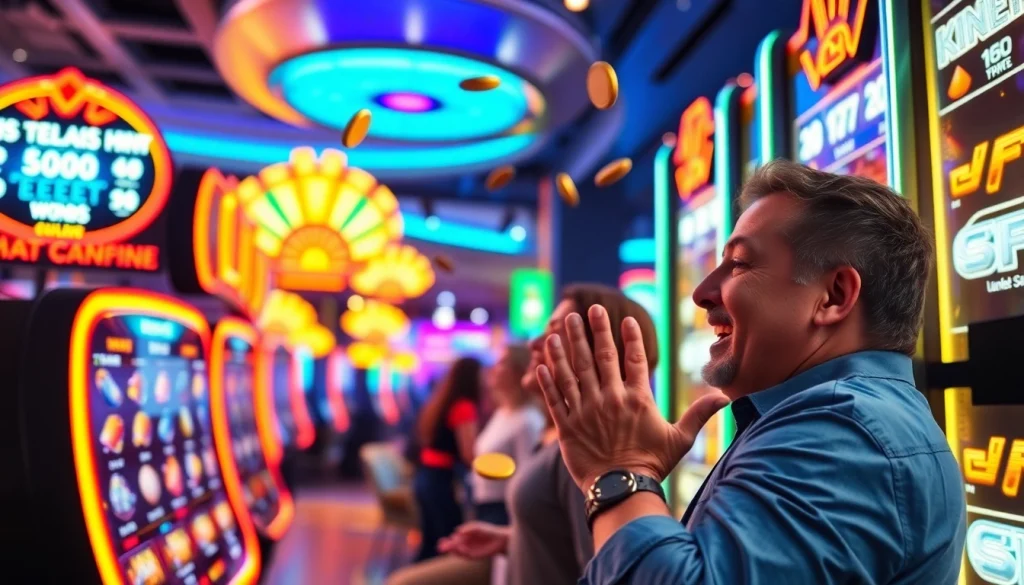 Memenangkan slot depo 1k di kasino energik dengan mesin slot berwarna-warni dan pemain bersemangat.