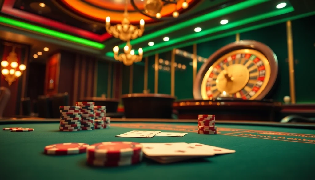 BDJL players engaging at an upscale casino poker table, showcasing chips and cards in action.