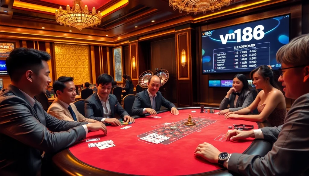 Engaged players at a casino poker table with chips and cards, featuring the vn168 leaderboard.