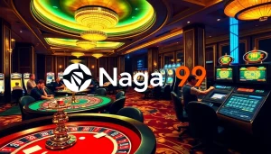 Naga99 players enjoying an exciting game at a luxurious casino with vibrant slot machines and poker tables.