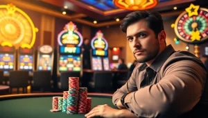 Engaging casino scene showcasing a gambler placing a bet at a poker table, embodying no hu vibes.