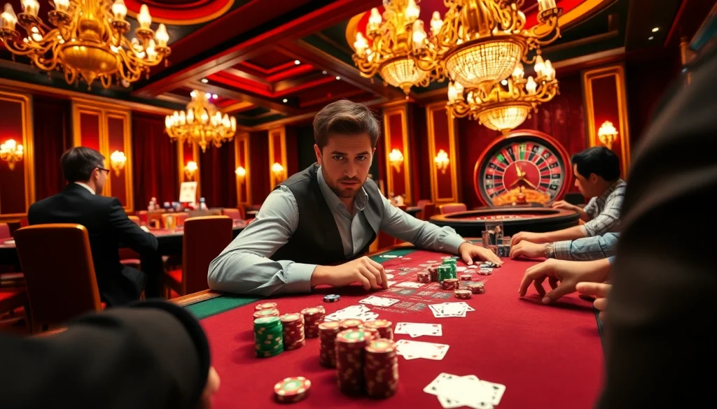 Intense poker game at a casino featuring boosterjp, colorful chips, and stylish ambiance.