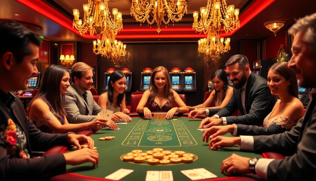 Players enjoying a thrilling rikvip card game at a luxurious casino table filled with vibrant poker chips.