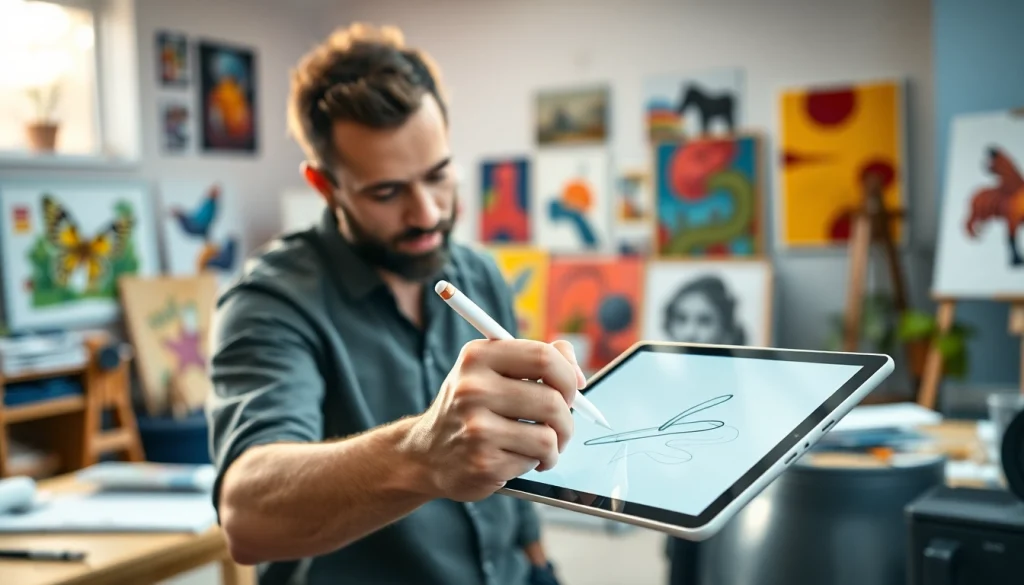 Usando el Apple Pencil Pro para crear arte digital en un iPad con un ambiente creativo.
