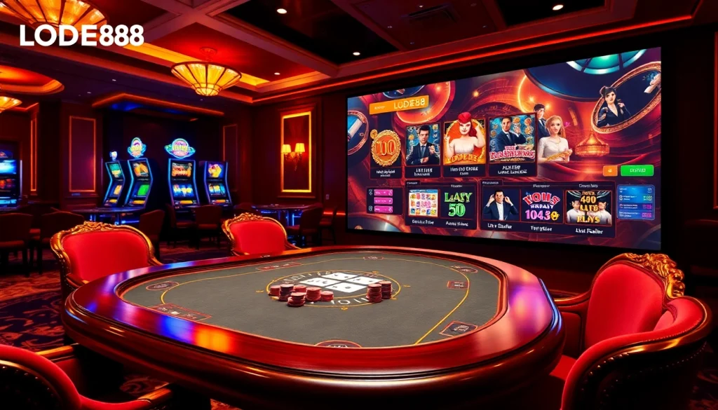 Experience LODE88's thrilling online gambling interface with colorful poker chips and vibrant slot machines.