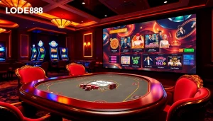 Experience LODE88's thrilling online gambling interface with colorful poker chips and vibrant slot machines.
