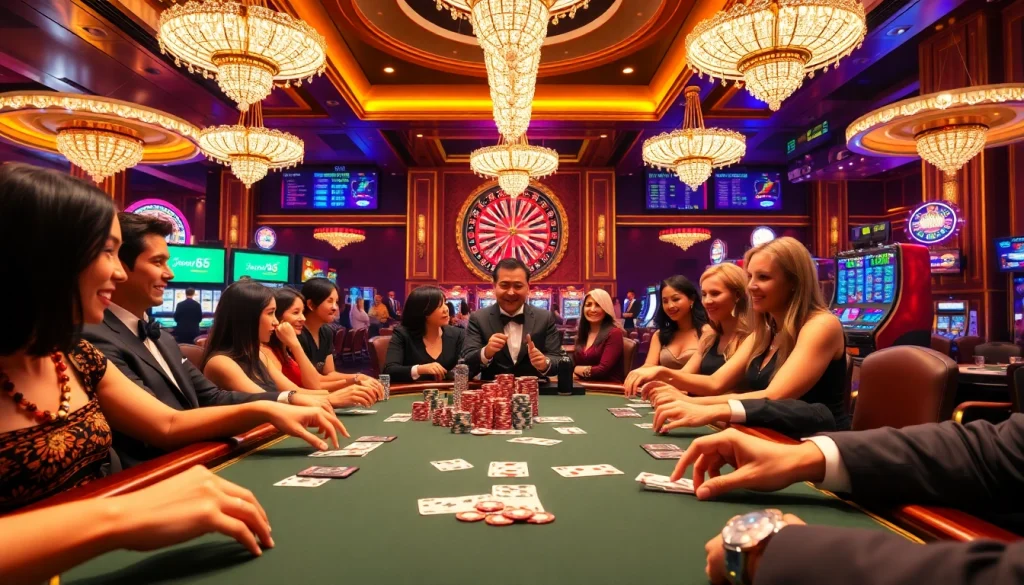 Excited players engage at a j88-themed poker table in a luxurious casino setting.