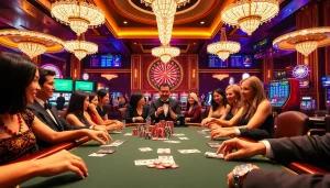 Excited players engage at a j88-themed poker table in a luxurious casino setting.