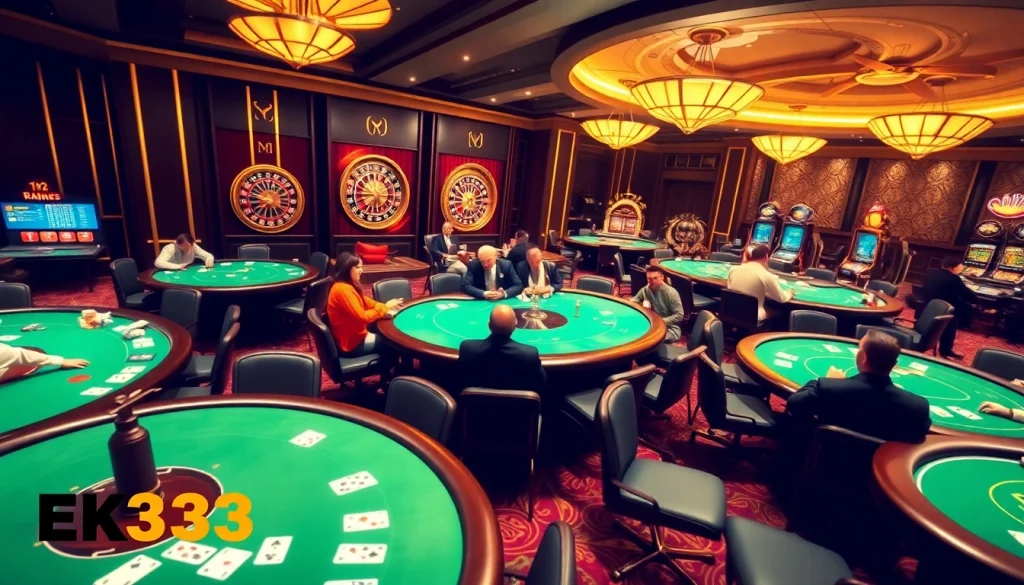 Experience the thrilling excitement of EK333 with professional gaming tables and vibrant casino decor.