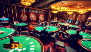 Experience the thrilling excitement of EK333 with professional gaming tables and vibrant casino decor.