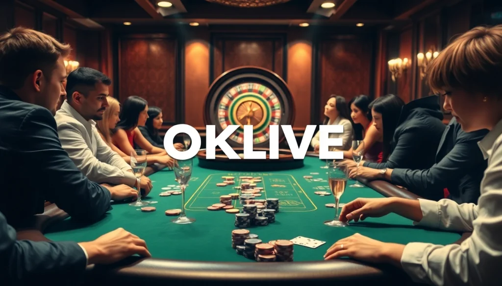 Engaging players at a poker table in a luxurious casino setting showcasing OKLIVE excitement.