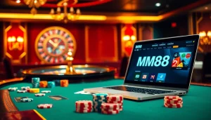 Engaging scene of online gambling at MM88 with poker chips and roulette wheel.