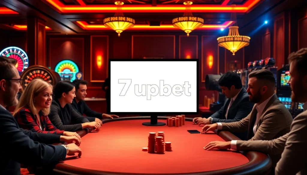 Players enjoying a game at a luxurious casino table with 7upbet branding.