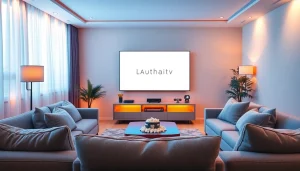 Cozy living room showcasing Lauthaitv logo on a sleek TV, inviting atmosphere